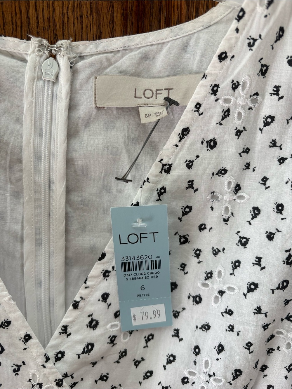 LOFT White Eyelet V-Neck Dress with Black Floral Embroidery